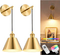 NIORSUN Brushed Gold Battery Operated Wall Sconce Set of 2, 5200mAh Dimmable Detachable Bulbs and Remote Wireless Rechargeable Wall Lights, 9 Colors Sconces Wall Decor for Bedroom Living Room Hallway