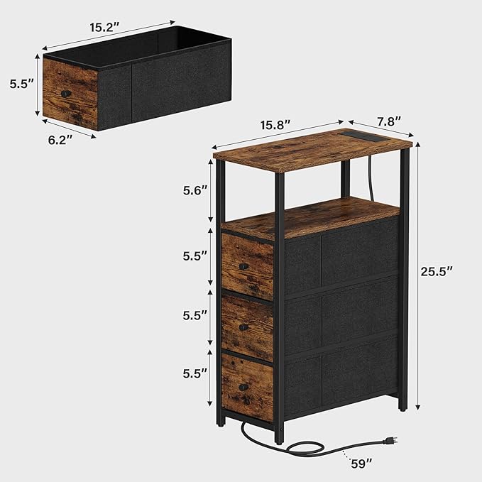 TUTOTAK Narrow Night Stand with Charging Station, Slim End Table with Plugins, Tall Side Table with 3 Fabric Drawer, Small Bedside Table with Storage, Living Room, Bedroom, Brown TB01BB086