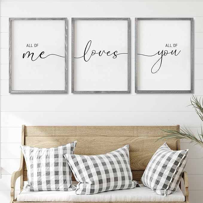 Set of 3 Framed Farmhouse All of Me Loves All of You Sign 11x14” Above Bed Wall Decor for Bedroom Decor Wall Art Wood Signs (11x14, Gray)
