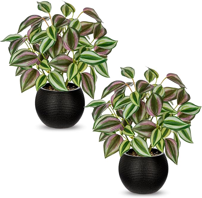 2 Packs Artificial Plants in Black Pot Tradescantia Zebrina Fake Plants Potted Decorative Faux Plant for Home Kitchen Decor