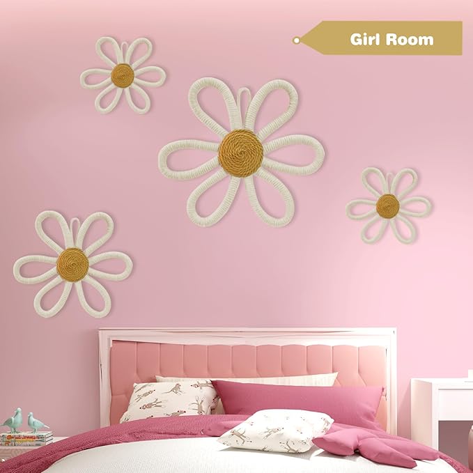 6 Pcs Boho Nursery Daisy Wall Decor, Woven Flowers Wall Hanging Art, Beige Boho Floral Room Decor with Lanyard for Office, Toddler Baby Little Girls Kids Home Bedroom Above Bed Decorations (Beige)
