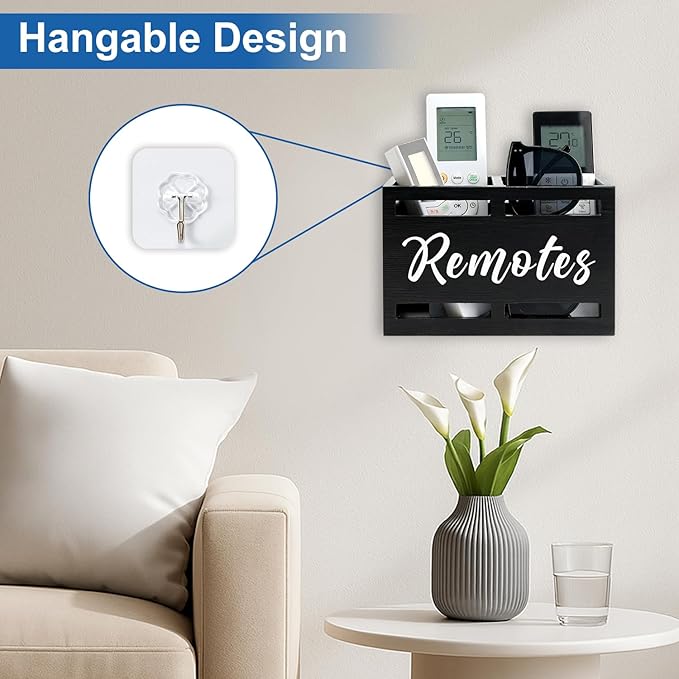 Wooden Remote Control Holder Wall Mount Remote Caddy for Table Bed TV Controller Holder Remotes Control Organizer for Wall Bedside Decorative Remotes Storage Box for Nightstand Couch Organizer 2 Slots