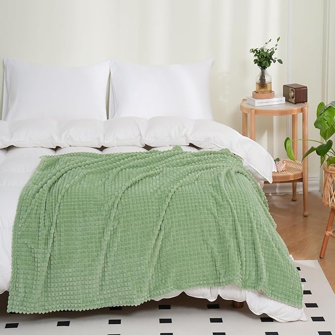 Puncuntex Flannel Fleece Throw Blanket Sage Green 108"×90",Super Soft Plush Cozy Blanket with Square Grid Design Luxury for Couch Sofa Chair