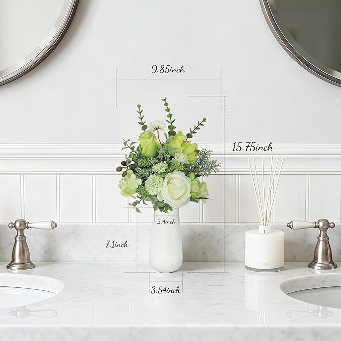 Small Faux Flower Bouquet in White Ceramic Vase (15.75" Tall) - Green & White Artificial Floral Arrangement for Coffee Table Centerpiece, Bathroom & Office Desk Decor