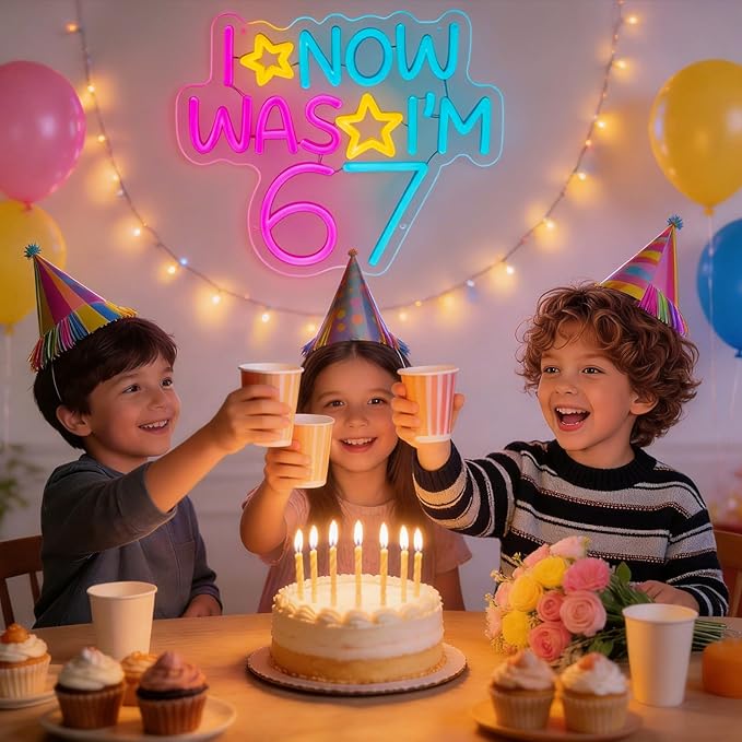 6 7 Birthday Decorations Neon Sign I WAS 6 NOW I'M 7 Neon Light for Wall Art Decor,Boy Girl 7 Years Old,Dimmable LED Lights for Bedroom Party Background Decoration Birthday Gifts