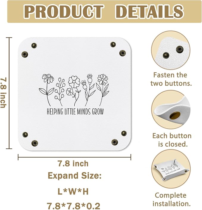 Teacher Gifts Jewelry Valet Tray for Women Men, Teacher Appreciation Gifts PU Leather Catchall Beside Caddy Nightstand Organizer Tray for Jewelry Rings Watches and Accessories, 7.87x7.87in