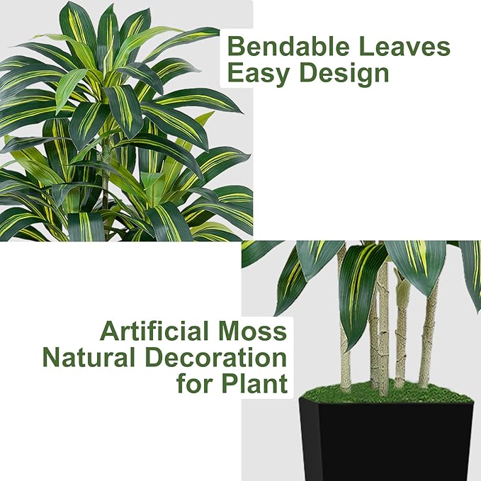 5FT Artificial Dracaena Tree - High-Density Foliage Fake Plant with Black Tall Planter - Faux Yucca Floor Plant for Home Office Decor Indoor