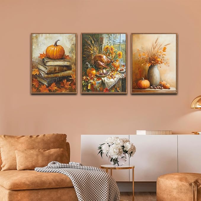 CHDITB Fall Pumpkin Framed Wall Art, Autumn Harvest Wall Decor, Nature Maple Leaves Seasonal Wall Painting, Halloween Thanksgiving Festival Party Art Prints For Living Room Kitchen Decor 12”X16”x3