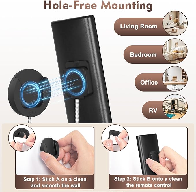 6.5 Ft Magnetic Remote Control Holder, 4 Pack Stretchy Remote Control Tether Wall Mount with Adjustable Leash and Strong Double N52 Magnets for TV/AC/Light/Fan, Home & RV Organizer Supply