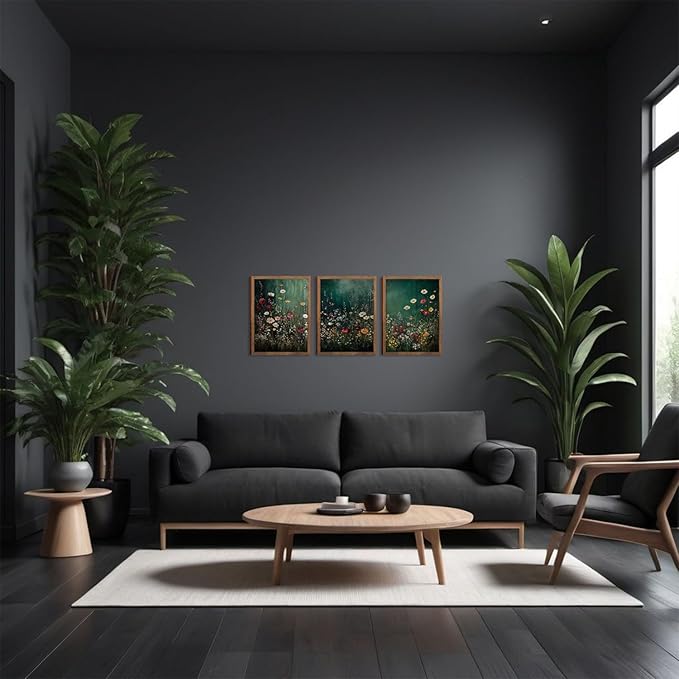Vintage Wildflower Wall Art Set of 3, Dark Green Flower plant Canvas Prints Wall Decor, Gothic dark style pastoral landscape painting for Living Room Bedroom Farmhouse Home Decor 12x16in Wood Framed