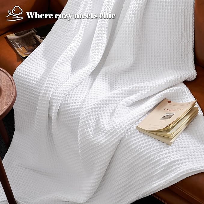 PHF Ultra Soft Waffle Weave Blanket King Size 104"x 90"- Washed Lightweight Breathable Cozy Woven Blanket for Bed - Aesthetic Decor for Couch Bedding Sofa Home Car - White