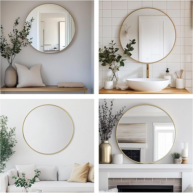 Gold Circle Mirror, 20 inch Gold Round Mirror, Circular Wall Mirrors Metal Frame, Round Wall Mirrors for Living Room, Bedroom, Bathroom, Hallway, Rustic, Vanity.