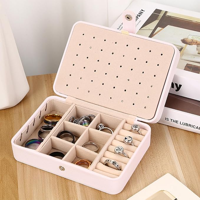 Travel Jewelry Organizer Box, Small Jewelry Box Organizer with Necklace Hooks Ring Slots and Removable Dividers for Storage and Organization