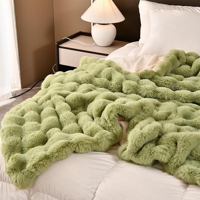 H&D Faux Fur Throw Blanket for Couch,Fluffy Cozy Soft Plush Luxury Thick Fuzzy Fleece Blanket for Couch Bed Sofa Bedroom Living Room,Comfy Bubble Blanket(Sage Green, Throw (50" x 60"))