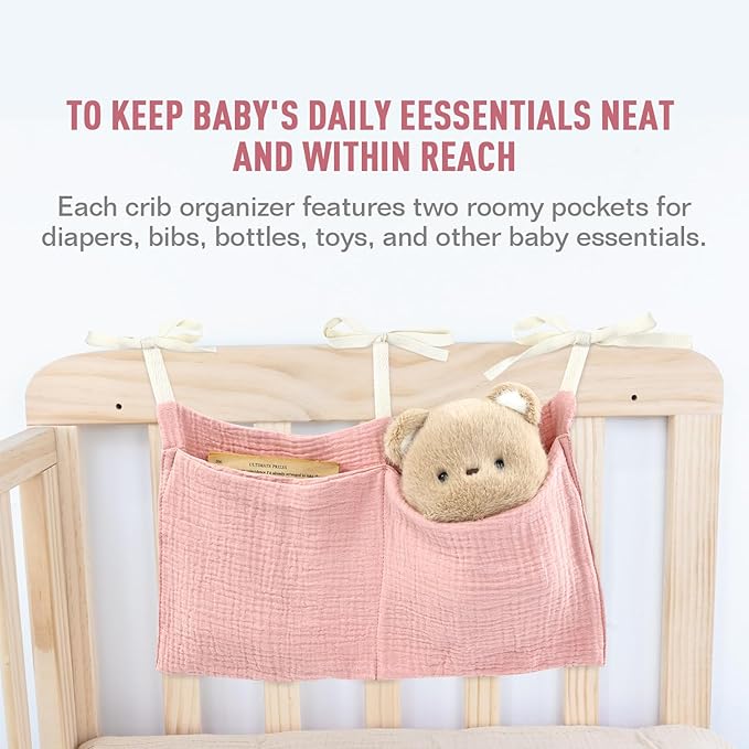 Cinaci 2pcs Cotton Pram Stroller Caddy Baby Crib Hanging Organizers Storage Pockets Nappy Diaper Bags Bedside Pockets for Milk Bottle/Soothing Toys/Wipes (Pink Set)