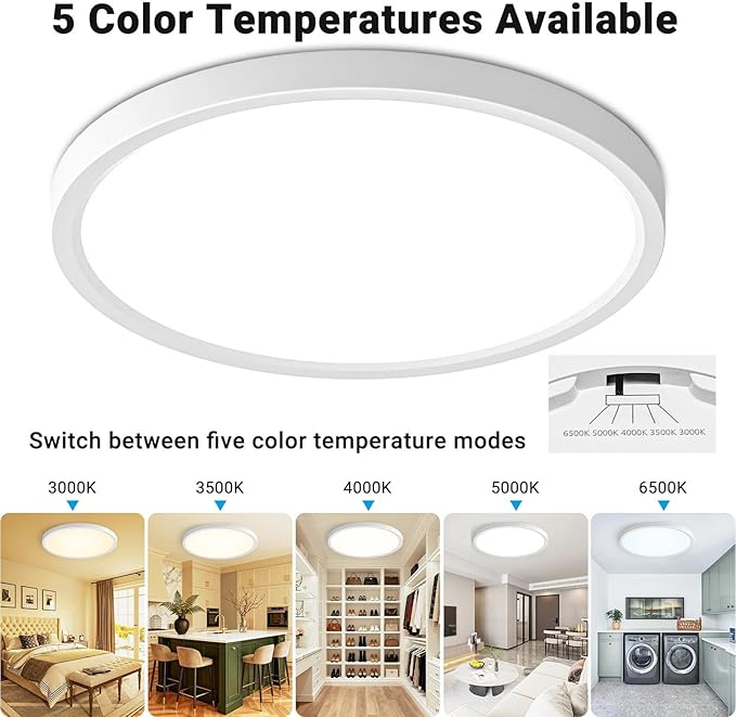 2 Pack LED Flush Mount Ceiling Light,15Inch 30W,3000K/3500K/4000K/5000K/6500K 5 Color Temperatures Ceiling Light Fixture for Kitchen Porch Hallway Bedroom Bathroom and Closet,White
