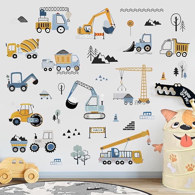decalmile Construction Vehicles Wall Stickers Trucks Tractor Excavator Crane Wall Decals Nursery Boys Bedroom Playroom Wall Decor