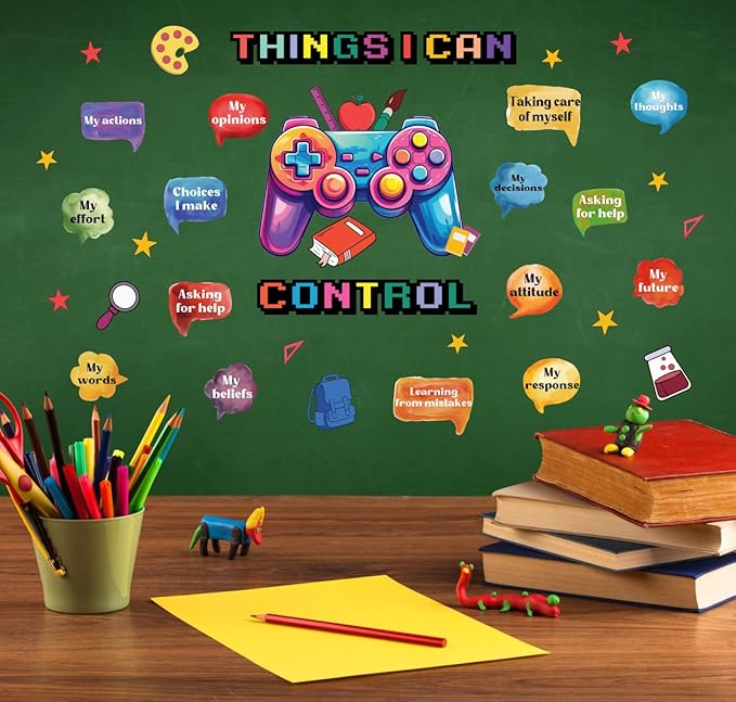 Things I Can Control Watercolor Game Wall Decal, Psychologically Inspirational Quote Vinyl Wall Sticker, Removable Gamer Self Affirmation Artwork for School Classroom Playroom Game Room Decor