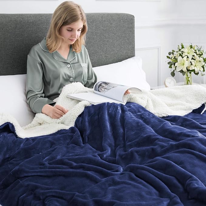 MOONLIGHT20015 Navy Sherpa Fleece Throw Blanket for Bed - Wholesale Bulk Pack of 16 Sherpa Blankets - Soft Fluffy Throw Blankets for Hotels, Guest Bedroom, 50x60 Inches