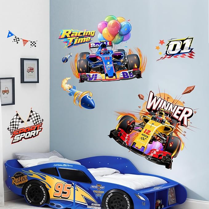 2 Racing Car Wall Decals for Boys Room Decor - Speeding Race Car Wall Stickers for Kids Toddles Teens Bedroom Nursery Playroom Classroom Decor