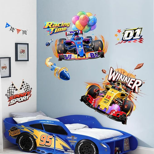 2 Racing Car Wall Decals for Boys Room Decor - Speeding Race Car Wall Stickers for Kids Toddles Teens Bedroom Nursery Playroom Classroom Decor