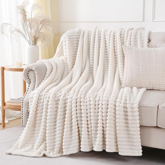 Cream White Throw Blanket for Couch Sofa 60x80 inches Striped Fleece Blankets Room Home Decor Lightweight Plush Soft Cozy Gifts for Women Mom Girls