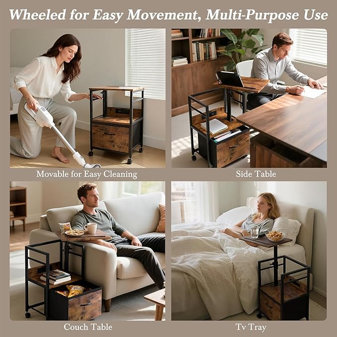 360° Swivel Nightstand with Height Adjustable, Lift Top Bedside Table with Charging Station, Rolling Night Stand with Fabric Drawer, End Table with Wheels, for Bedroom, Living Room, Rustic Brown