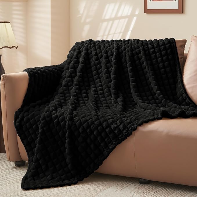 BEDELITE Black Throw Blanket for Couch and Bed- Super Soft and Warm 3D Checkered Fluffy Fuzzy Fleece Blanket, Luxurious Plush Cozy Blanket for Room Decor Fall and Winter, 50x60 inches