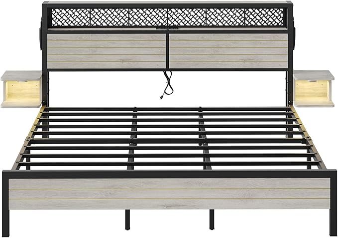 Bestier King Bed Frame with Horizontal Golden Stripe Storage Headboard&LED Nightstands, Metal Platform Bed with Charging Station, Heavy Duty Metal Slats, No Box Spring Needed, Noise Free(Grey Oak)