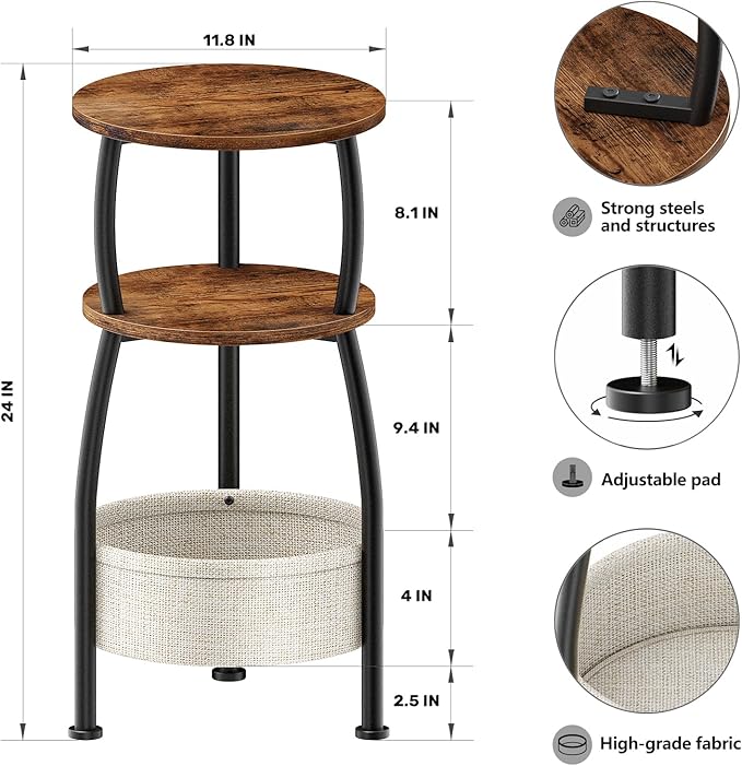 Small Side Table for Small Spaces with Storage Basket, Round End Table 3-Tier NightStand Sofa Corner Table for Living Room, Bedroom, Patio and More 24in Tall Rustic Brown