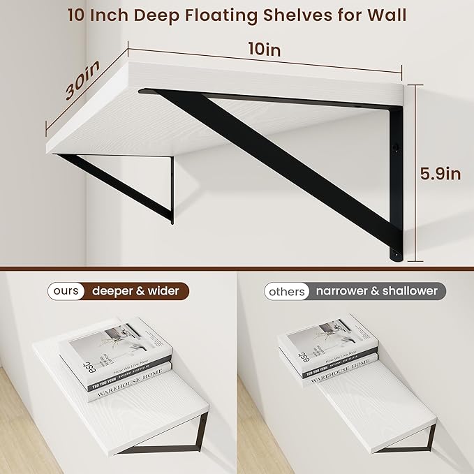 Axeman 30 Inch Floating Shelves | 10 Inch Deep White Wall Shelves Set of 2 | 30" W x 10" D White Wood Floating Shelves for Living Room Bathroom Kitchen