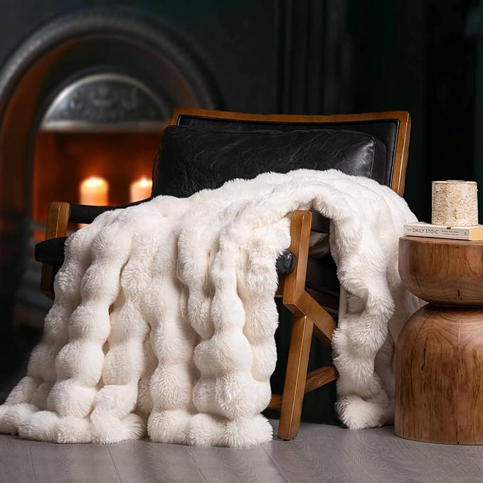 EverGrace Ultra Soft Luxury Fluffy Faux Rabbit Fur Throw Blanket, Thick Warm Bubble Throw for Bed, Cozy Plush Reversible Blankets for Couch, Chair, Sofa, Ivory White, 50x60 Inches