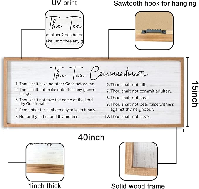 The Ten Commandments Wall Decor, 40x15 inch Rustic Bible Verse Wall Art, Christian Religious Scripture Print, Farmhouse Style Framed Wall Hanging Christian Gifts for Family Home, Natural