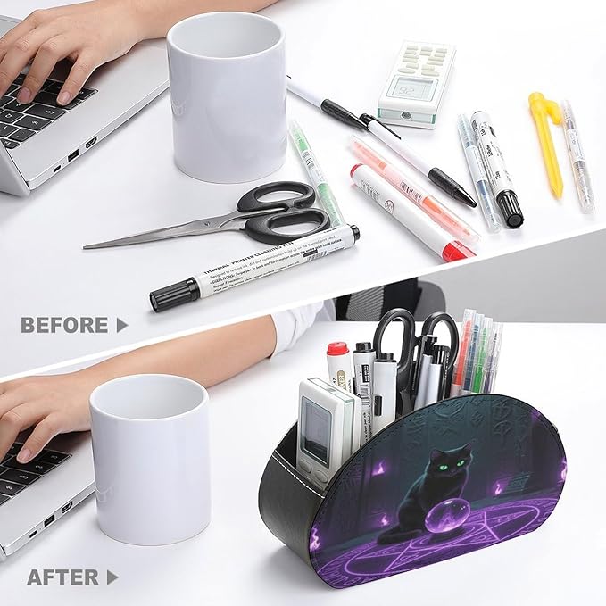 Witchcraft Cat Remote Control Holder Organizer Box with 5 Compartment PU Leather Bedside Storage Caddy Remote Organizer for Controller Media Player Pen/Pencil Storage
