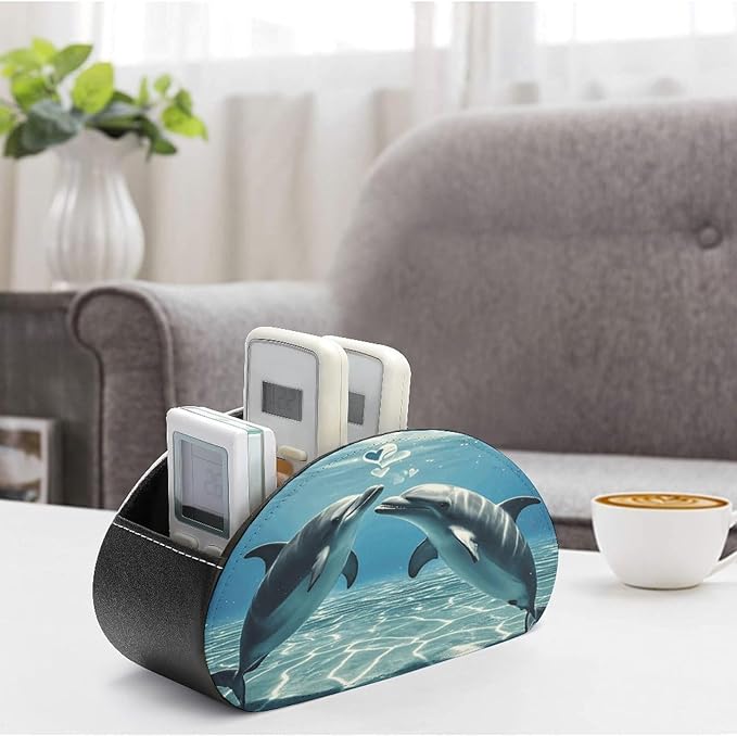 Dolphins in Love Remote Control Holder Organizer Box with 5 Compartment PU Leather Bedside Storage Caddy Remote Organizer for Controller Media Player Pen/Pencil Storage