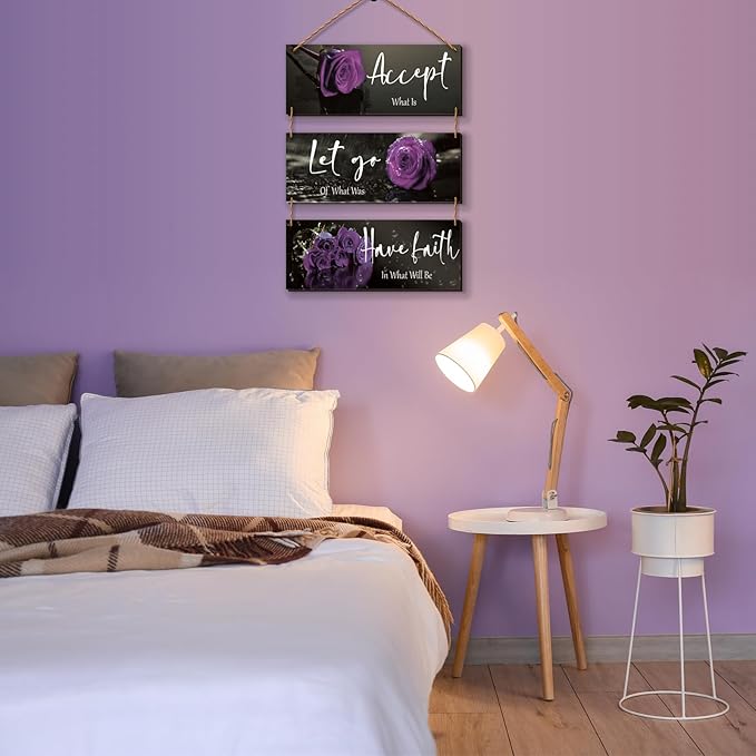 ZINYAZHE 3 Pcs Purple Bathroom Decor Inspirational Wall Decor Wooden Rose Wall Art Bedroom Wall Art With Accept Let Go Have Faith Quotes For Girl Women Office Living Room(Purple 10 x 4 Inch)