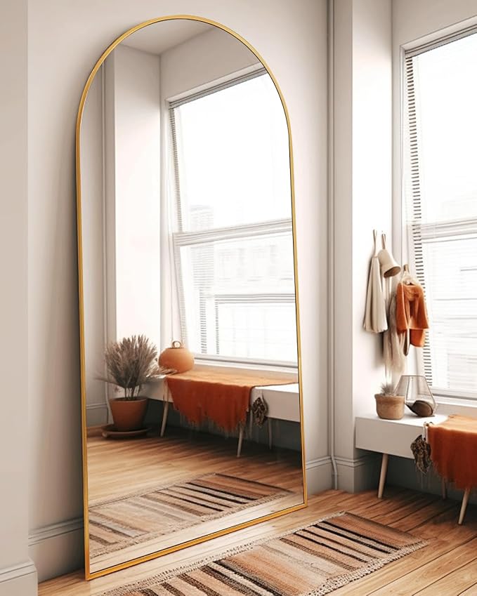 Arched Full Length Mirror, 76"x34" Large Floor Mirror with Stand, Wall-Mounted Gold Body Mirror for Bedroom