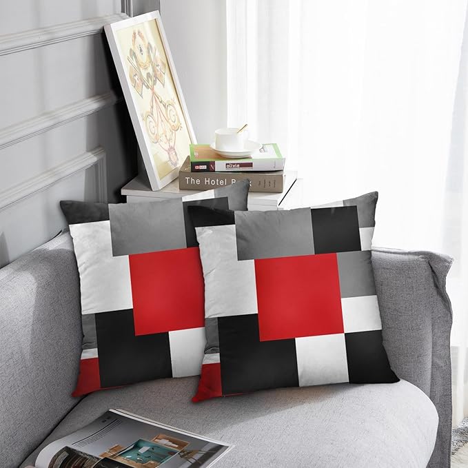 Emvency Set of 2 Red Black and Grey Throw Pillow Covers Geometric Modern Abstract Painting Decorative Pillow Cases Home Decor Standard Square 20x20 Inches Pillowcases