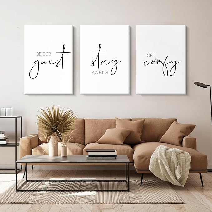 Be Our Guest Wall Decor Guest Room Wall Art Decor Stay Awhile Signs for Home Decor Minimalist Wall Art over the Bed Sign Guest Bedroom Wall Decor Canvas Painting 16x24 Inch (set of 3) Ready to Hang