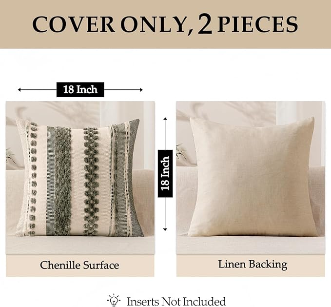 ANRODUO Pack of 2 Boho Decorative Throw Pillow Covers 20x20 Farmhouse Cushion Case Striped Chenille Pillow Cases Square Pillow Covers Accent Neutral Pillowcase for Sofa Couch Bed, Gray Stripe 2