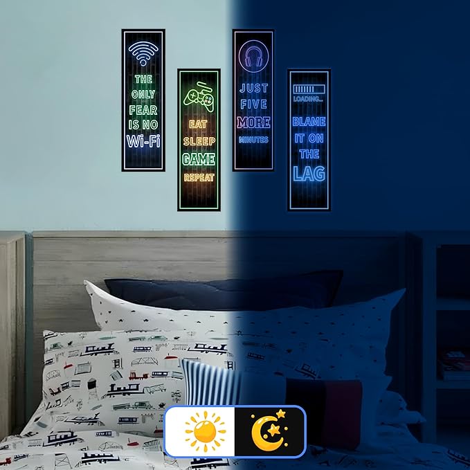 Eat Sleep Game Wall Decals Glow in The Dark, Gamer Controller Stickers Decor for Boy Bedroom, Joystick Video Gaming Kids Playroom Nursery Decoration (Blue)