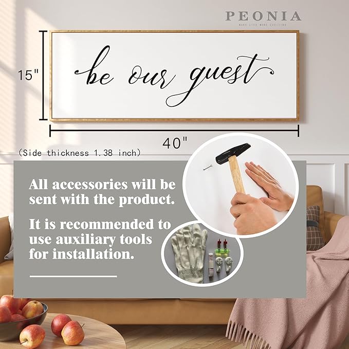 PEONIA 41" x 15" Be Our Guest Wall Decor - Be Our Guest Framed Above Bed for Bedroom Wall Decor Minimalist And Aesthetic Wall Art Canvas Signs (Wood)