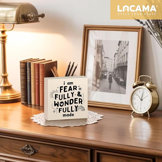 Lacama Christian Nursery Wooden Box Sign, I Am Fearfully and Wonderfully Made Bible Verse Decorations Wood Block Signs, Inspirational Religious Wood Sign for Kids Room Desk Shelf Wall Decor 5x5 Inches