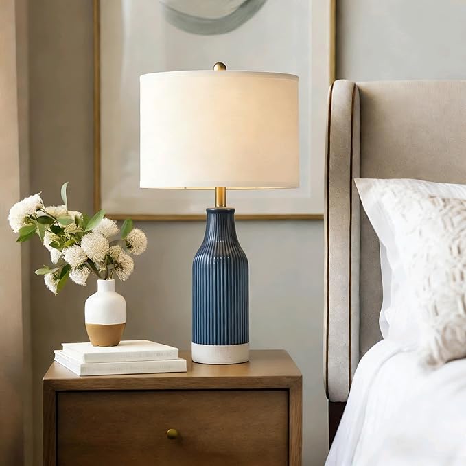 23.75inch Blue Modern Ceramic Bedside Lamp Set of 2 with 5FT Cord for Bedroom Decor Farmhouse Table Lamp for Living Room Office Dorm