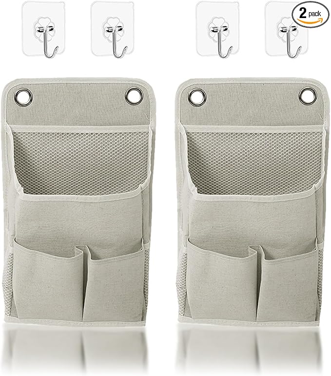 Wall Hanging Storage Bag, 2Pcs 5 Pocket Hanging Storage Bag Bedside Caddy Organizer for Bed for Bunk Bed Dorm Room Hospital, Holds Phone Glasses Book Remote, Fits Bed Rail Headboard, Grey