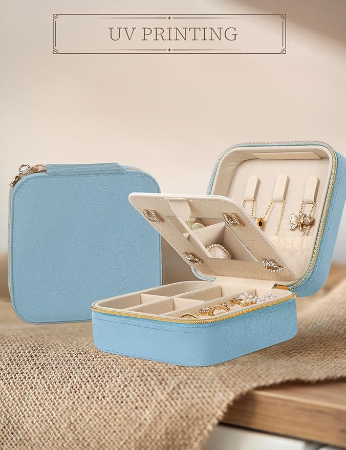 Plush Velvet Travel Jewelry Case Small Jewelry Box Jewelry Organizer Storage Case Portable Jewelry Travel Case for Girls Womens Earring, Necklace, Rings,Bracelets with Mirror