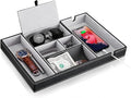 Baoyun Nightstand Organizer Tray,Leather Valet Tray for Men,EDC Catchall with Phone Charging Station,Dresser Top Organizer, 6 Compartments Entryway Box for Wallet, Keys, (Black)