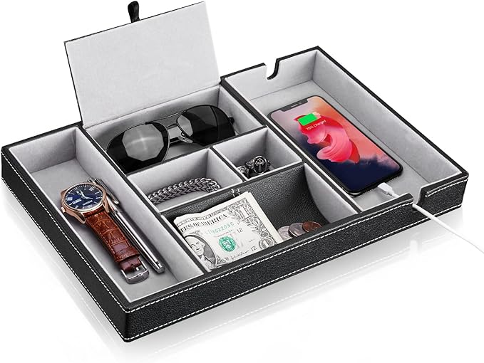 Baoyun Nightstand Organizer Tray,Leather Valet Tray for Men,EDC Catchall with Phone Charging Station,Dresser Top Organizer, 6 Compartments Entryway Box for Wallet, Keys, (Black)