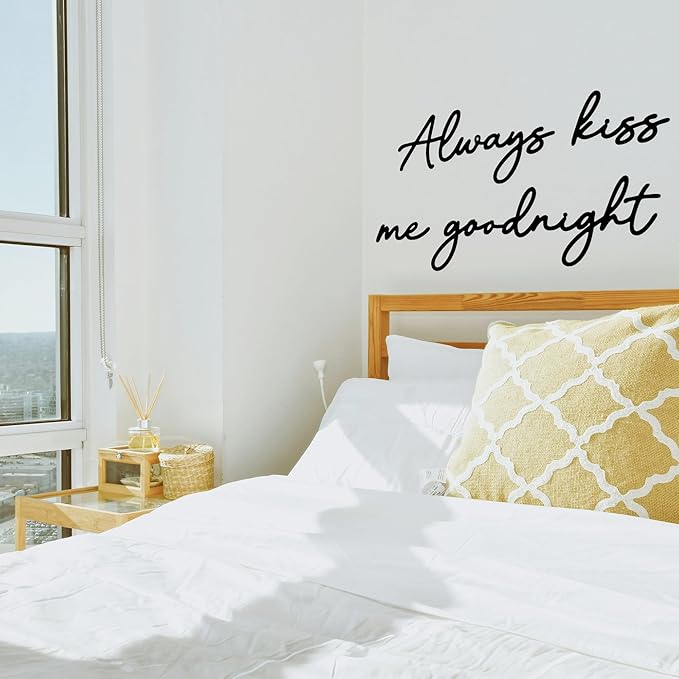 Always Kiss Me Goodnight Wall Sign Metal Wall decor Love Theme Wall decor Wall Hanging Sculptures for Bedroom Living Rooms, Black, 25.9" x 13.9"