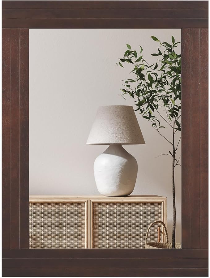 Tangkula 24" x 32" Wood Mirror for Wall, Wall Mounted Rectangular Decorative Mirror for Bathroom Living Room Vanity Entryway, Farmhouse Boho Rustic Wall Decoration